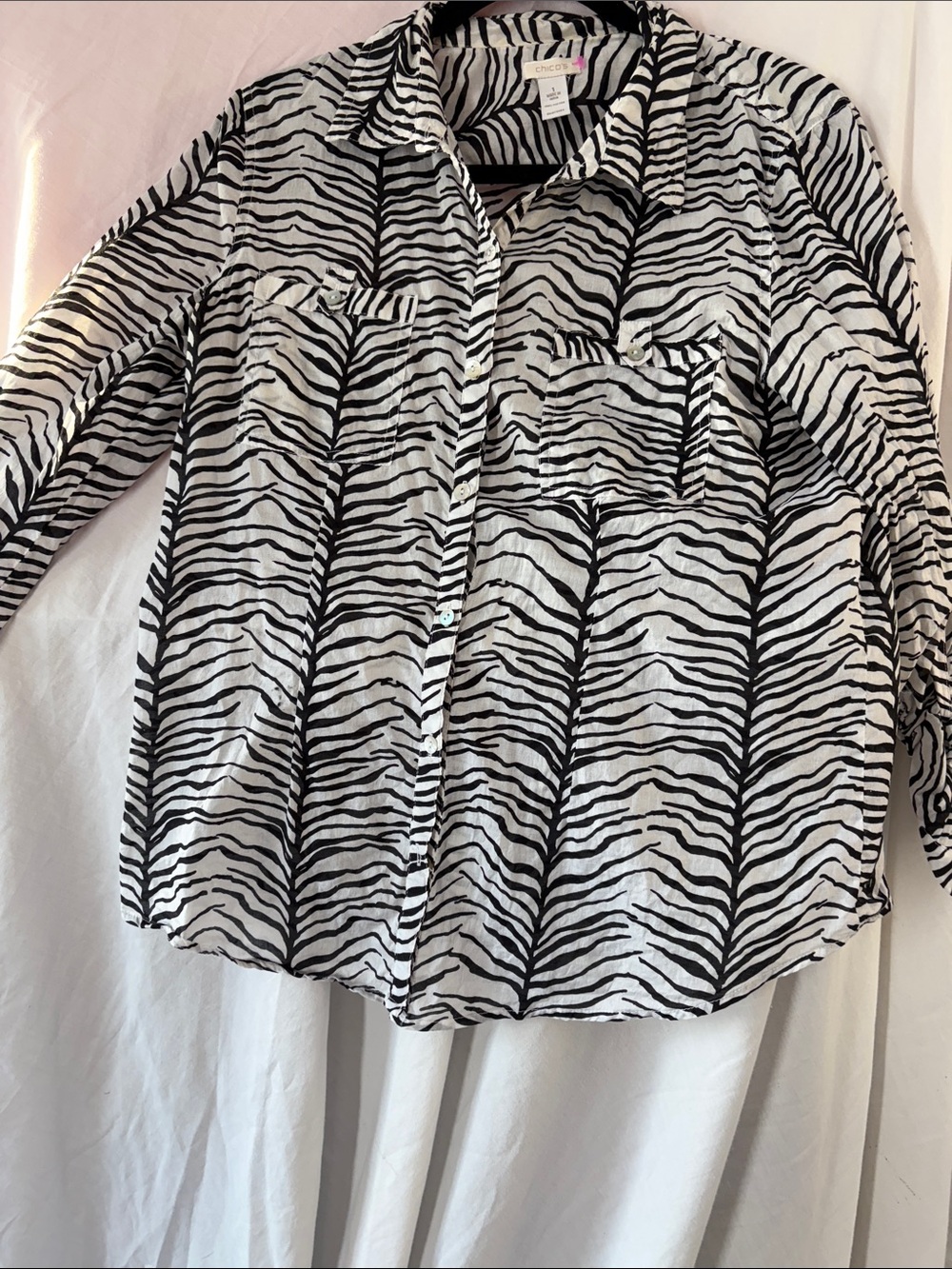 Chicos Button-Front Zebra Print Shirt Jacket - Black & White